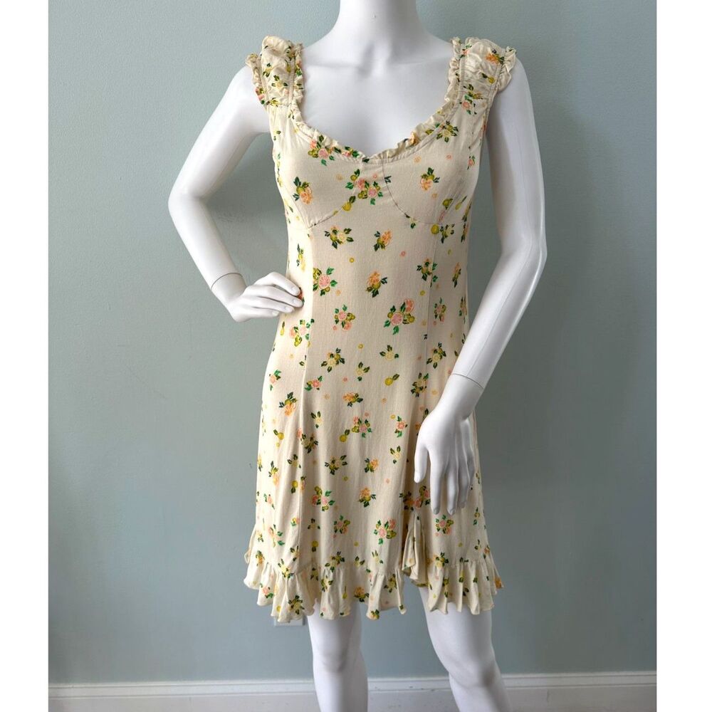 Free People Yellow Cream Ruffle Floral Mini Dress Lemon Sundress size S